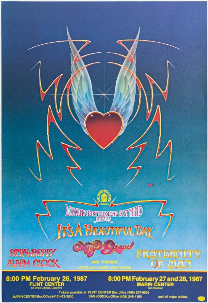 1987 It's A Beautiful Day Moby Grape Marin Civic Center Poster Near Mint 85: This Stanley Mouse poster was designed for It's A Beautiful Day, Moby Grape and more appearing at The Flint Center & Marin Civic Center in February 1987. --CRITICAL DETAILS-- --TITL