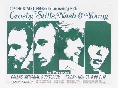 1969 Crosby Stills Nash Young The Dallas Memorial Auditorium Flyer Extra Fine 69: These classic headshots of Crosby, Stills, Nash, and Young appear on this original flyer for the groups appearance at the Dallas Memorial Auditorium on November 28th, 1969.&#160;The history of this qu