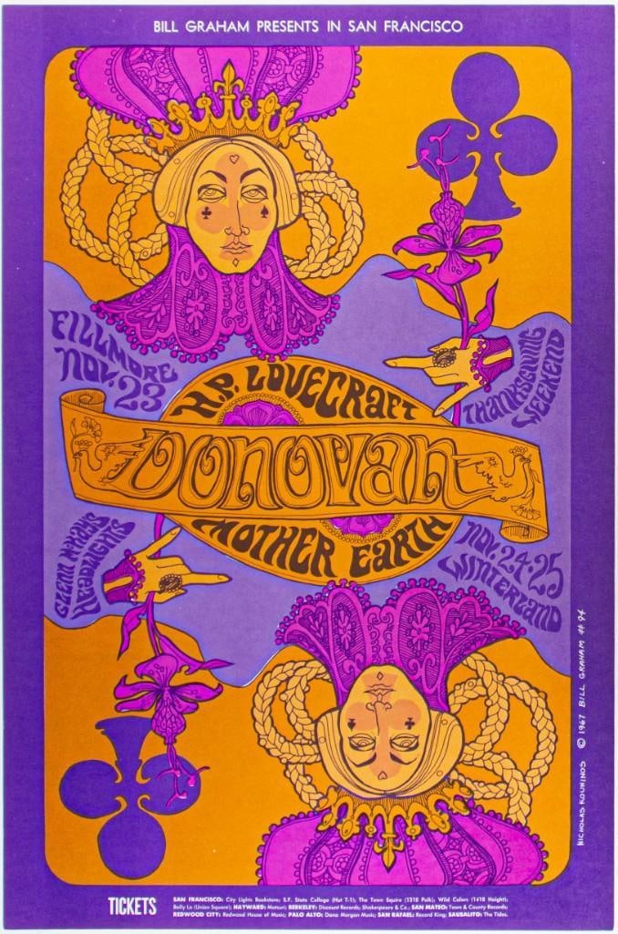 1967 BG-94 Donovan Mother Earth Winterland & Fillmore Poster Near Mint 85: This poster is for the Fillmore and Winterland appearances of Donovan at the height of his commercial success. For these performances, the Scottish Folk/pop singer made his way back through the Bay Ar