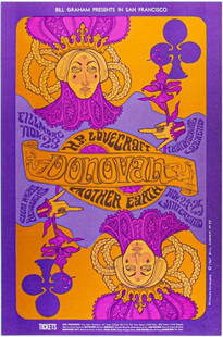 1967 BG-94 Donovan Mother Earth Winterland & Fillmore Poster Near Mint 85: This poster is for the Fillmore and Winterland appearances of Donovan at the height of his commercial success. For these performances, the Scottish Folk/pop singer made his way back through the Bay Ar