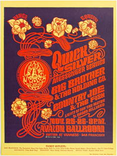 1966 FD-36 Big Brother Janis Joplin Quicksilver Avalon Ballroom Poster Near Mint 89: This lot features a super early 1966 poster from one of the most desirable venues and artists. The FD-36 bill also features three of the most famous San Francisco bands. This beautiful floral design w