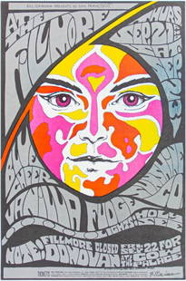 1967 BG-84 Blue Cheer Vanilla Fudge Donovan Fillmore & Cow Palace Signed MacLean Poster Near Mint 81: This poster is signed by the artist, Bonnie MacLean!  The San Francisco Acid Rock band Blue Cheer was one of the great bands of the era. They were unapologetically powerful and loud. Their take on Edd
