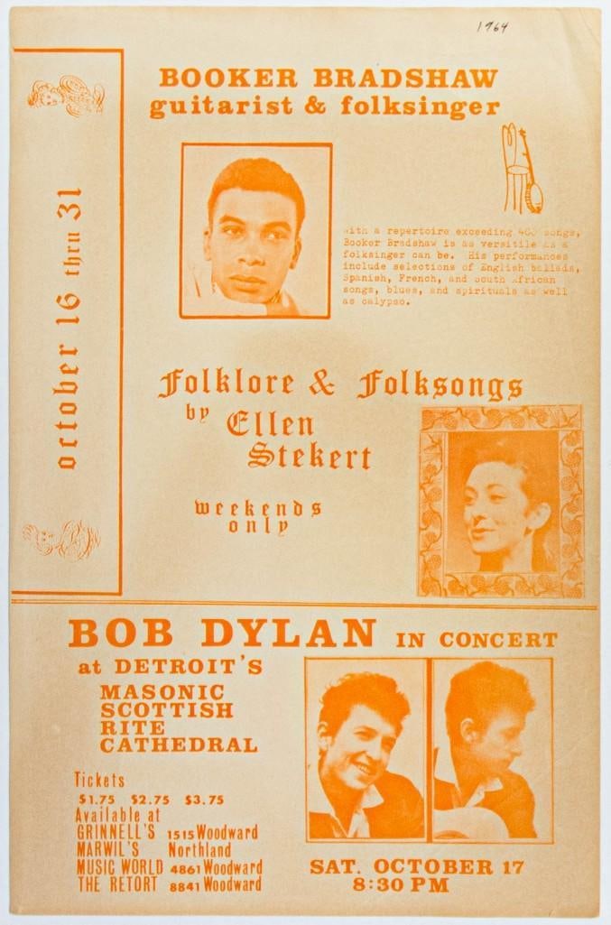 1964 Bob Dylan Masonic Scottish Rite Cathedral Flyer Excellent 79: An unearthed treasure for Dylan collectors! This Bob Dylan piece was produced to promote the folk singer's appearance at the Masonic Scottish Rite Cathedral in Detroit on October 17th, 1964. The f