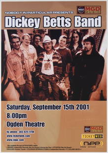 2001 Dickey Betts Band Ogden Theatre Flyer Near Mint 89: This poster was produced for the Dickey Betts Band playing at Ogden Theatre&#160;in Denver, Colorado on September 1th, 2001.  --CRITICAL DETAILS-- --TITLE Dickey Betts Band Ogden Theatre Original