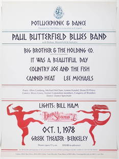 1978 Butterfield Blues Band Family Dog Tribal Stomp Greek Theatre Poster Near Mint 83: This poster was produced for the legendary Tribal Stomp concert held at the Greek Theatre in Berkeley CA in October of 1978. The event was presented by Chet Helms and The Family Dog. Big Brother perfo