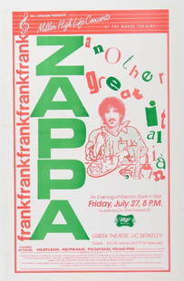1984 Frank Zappa The Greek Theatre Berkeley Poster Near Mint 85: This poster announced Frank Zappa at th Greek Theatre in Berkeley, California on July 27th, 1984.  Condition Details: Waviness, handling  --CRITICAL DETAILS-- --TITLE Frank Zappa The
