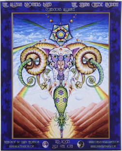 2004 Allman Brothers Band The String Cheese Incident Red Rocks Amphitheatre Poster Near Mint 89: This beautiful design was produced for the Allman Brothers Band and The String Cheese Incident at Red Rocks Amphitheatre&#160;on July 9th, 2004.  Condition Details: Finger bend left edge.  --CRITICAL