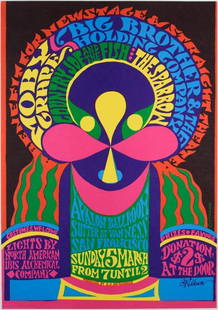 1967 Big Brother A Benefit for Newstage & Straight Theatre Avalon Ballroom Poster Near Mint 87: This poster was produced for A Benefit for Newstage and Straight Theatre held at the Avalon Ballroom in San Francisco on March 5th, 1967. The lineup featured Moby Grape, Big Brother &amp; The Holding
