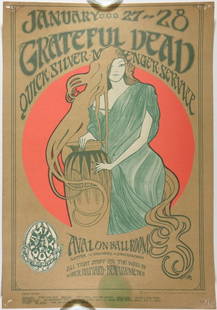 1967 FD-45 Grateful Dead Quicksilver Messenger Service Avalon Ballroom Poster Extra Fine 65: This poster is widely considered one of the most beautiful and popular Grateful Dead posters in the Family Dog series. Mouse and Kelley found inspiration from the famous French Art Nouveau posters of