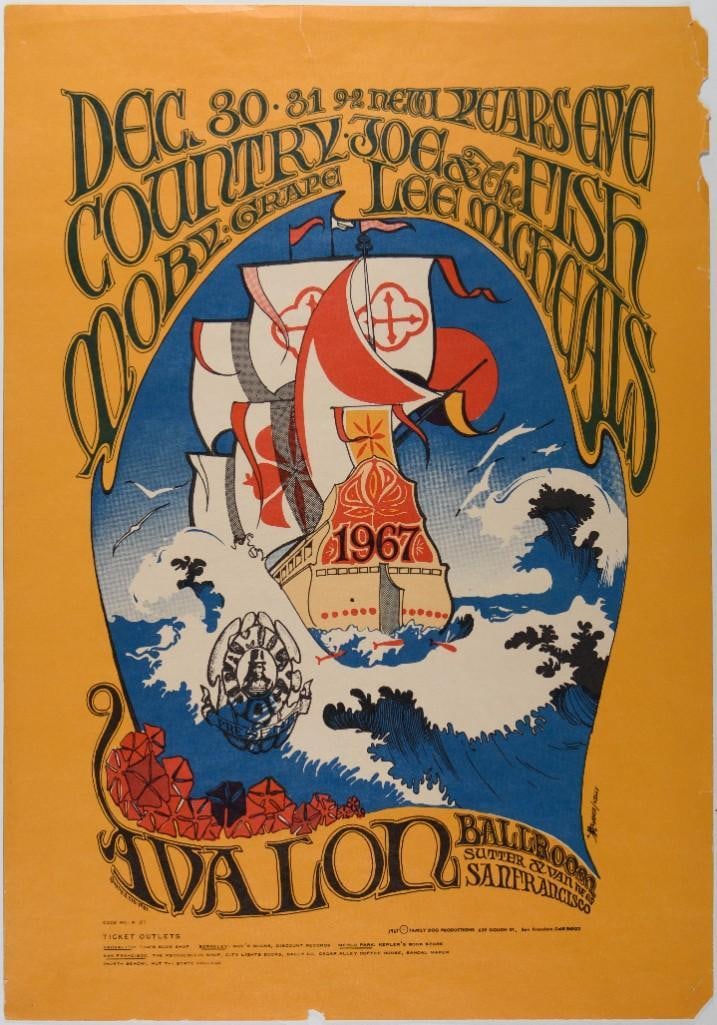 1966 FD-41 Country Joe Moby Grape Avalon Ballroom RP2 Poster Extra Fine 67: This second-printing poster offers the same popular and iconic art for far less than a First Print currently commands. New Year's Eve at the Avalon! This gorgeous poster for the Family Dog by Mous