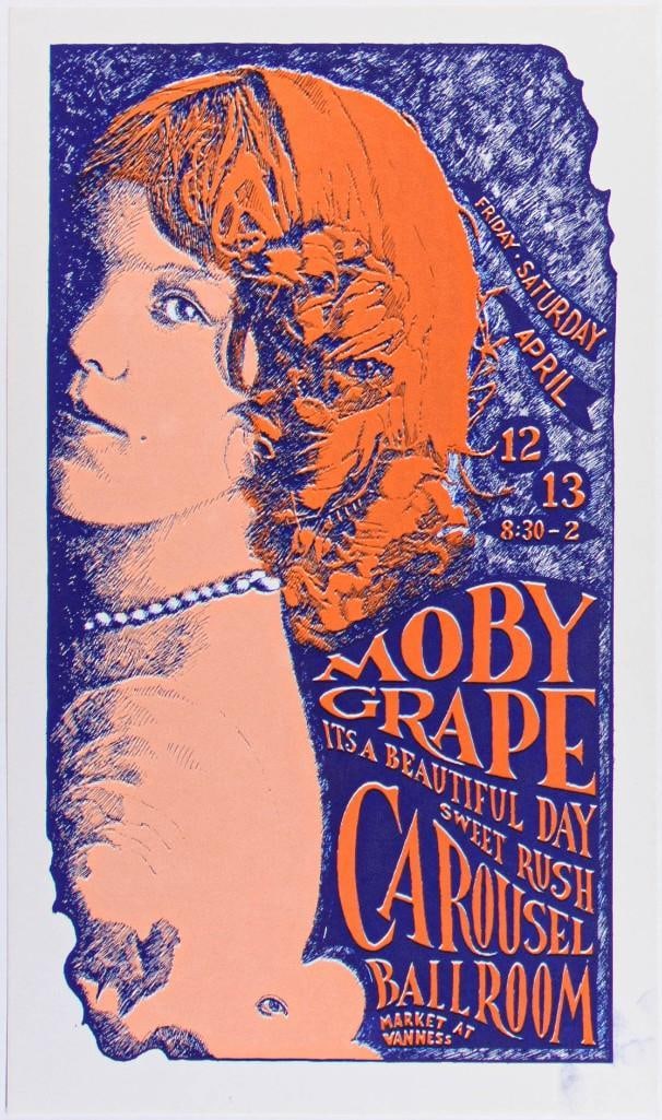 1968 AOR-2.161 Moby Grape It's a Beautiful Day Carousel Ballroom Poster Near Mint 89: This smaller format carousel poster was for a show where Moby Grape headlined at the spacious dancehall on Market Street in San Francisco. This short-lived venue was managed by some of the Bands of th