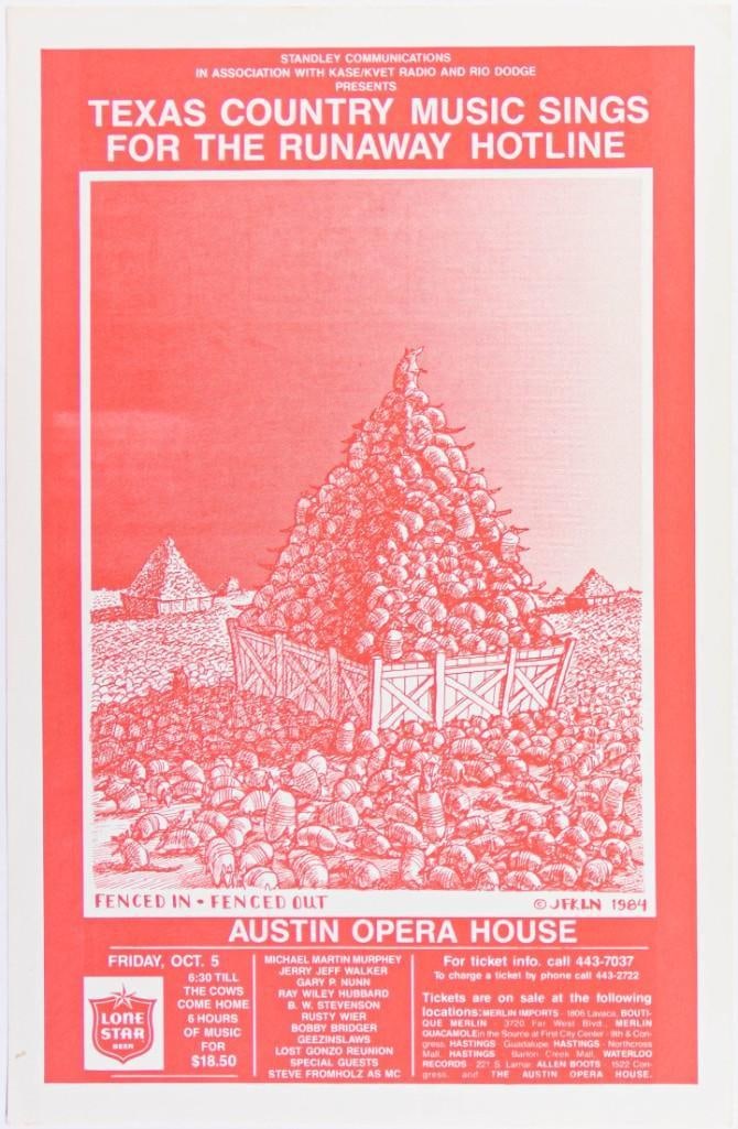 1984 Jim Franklin Jerry Jeff Walker Texas Country Music Sings Austin Opera House Poster Near Mint 81: This poster was produced for an event called Texas Country Music Sings for the Runaway Hotline that occurred at the Austin Opera House on October 6th, 1984. Performers included Jerry Jeff Walker,
