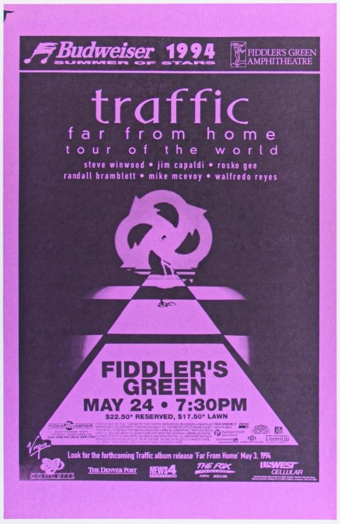 1994 Traffic Fiddler's Green Poster Near Mint 89: The great Traffic played at Fiddler's Green in Greenwood Village, Colorado, on May 24th, 1994. This poster was produced for the event. --CRITICAL DETAILS-- --TITLE Traffic Fiddler's