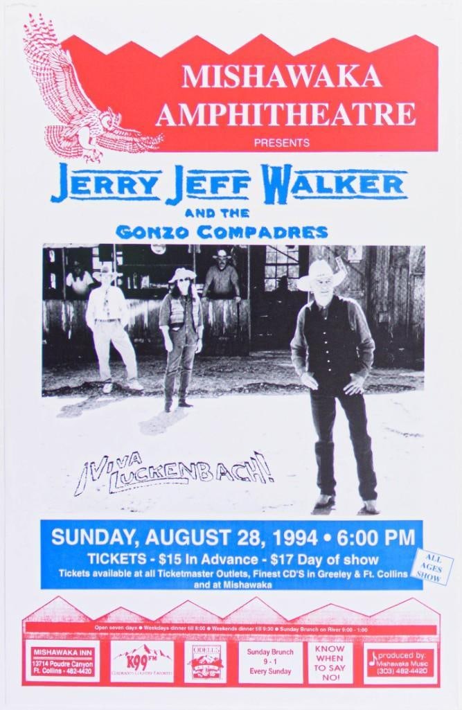 1994 Jerry Jeff Walker and the Gonzo Compadres Mishawaka Amphitheatre Poster Near Mint 83 (1 of 2)