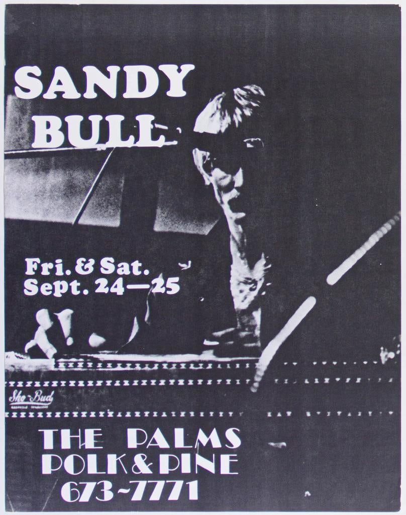 1976 Sandy Bull The Palms Poster Excellent 71: This Originial Poster was produced for Sandy Bull appearing at The Palms in 1976. This is the first example of this poster to appear in our auction. Condition Details: Corner bumps, finger bend top ed