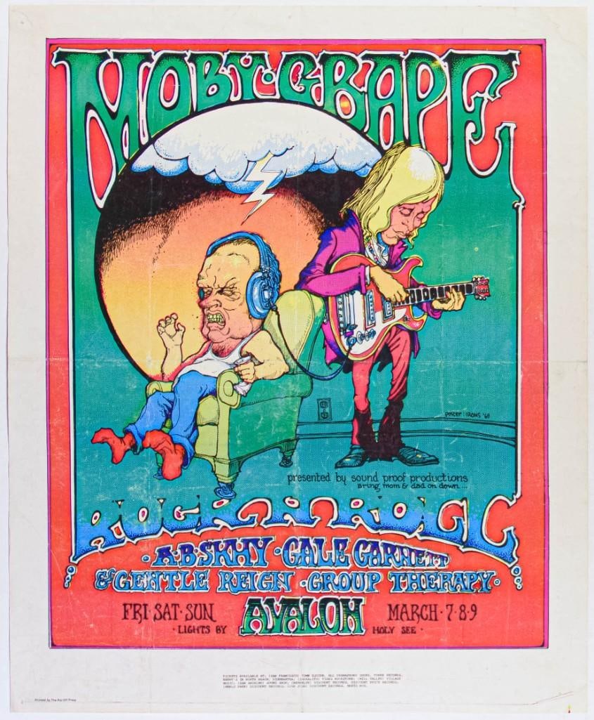 1969 AOR-2.29 Greg Irons Moby Grape Avalon Ballroom Poster Extra Fine 67: Artist Greg Irons had a long list of popular poster designs from the late sixties era, as well as his noted credit for animation work on the Beatles cartoon movie Yellow Submarine. This comical Irons