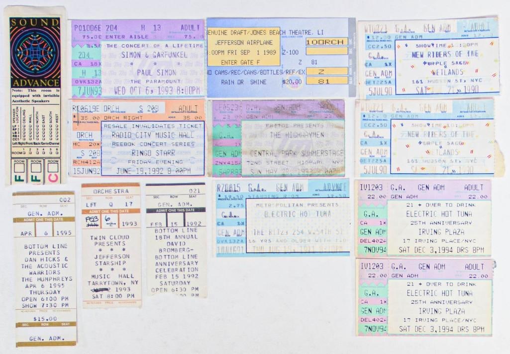 Lot of 14 Highwaymen Ringo Starr Jefferson Airplane Ticket Stubs: This lot features 14 various ticket stubs from shows in the 1990s for artists including Highwaymen, Ringo Starr, Jefferson Airplane, New Riders of the Purple Sage, Simon & Garfunkel, David Br