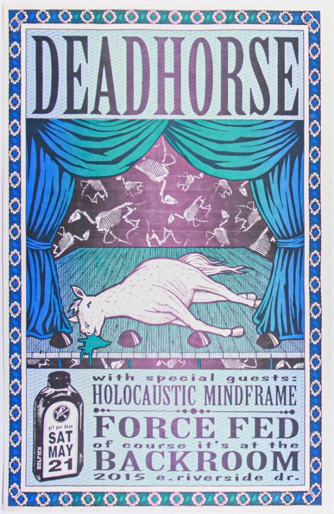 1994 Deadhorse Holocaustic Mindframe The Backroom Poster Near Mint 85: This poster was designed for Deadhorse and Holocaustic Mindframe at Backroom in Austin, Texas on May 24th, 1994. Condition Details: Creases, holes filled, indents visible on reverse -