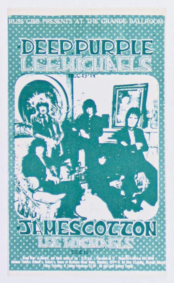 1968 G/G-681213 Deep Purple Lee Michaels Grande Ballroom Detroit Postcard Near Mint 89: The Grande Ballroom series produced some of the finest imagery from the 1960s music scene. In many cases promoter Russ Gibb chose to only produce postcards to promote events. That being the case Grand