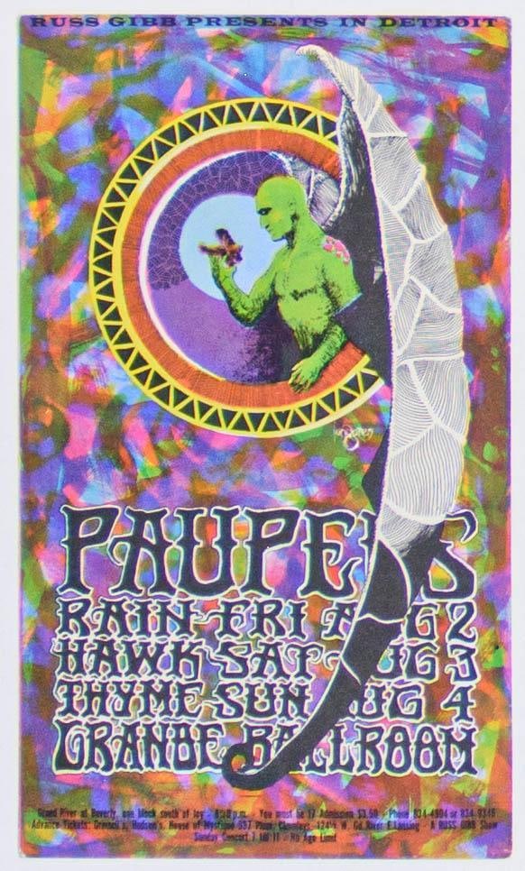 1968 G/G-680802 Paupers Rain Thyme Grande Ballroom Detroit Postcard Excellent 77: The Paupers, Rain, Hawk and Thyme are featured on this Original Postcard from 1968 in Detroit. The Grande Ballroom series produced some of the finest imagery from the 1960s music scene. In m