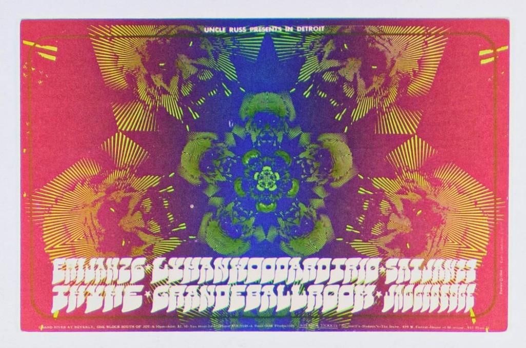 1968 G/G-680126 Lyman Woodward Trio Thyme Grande Ballroom Detroit Postcard Excellent 77: The Lyman Woodward Trio, Thyme and Jagged Edge are featured on this original Grande postcard. The eye appeal of this Carl Lundgren designed postcard is off the charts! There were no known pre-con