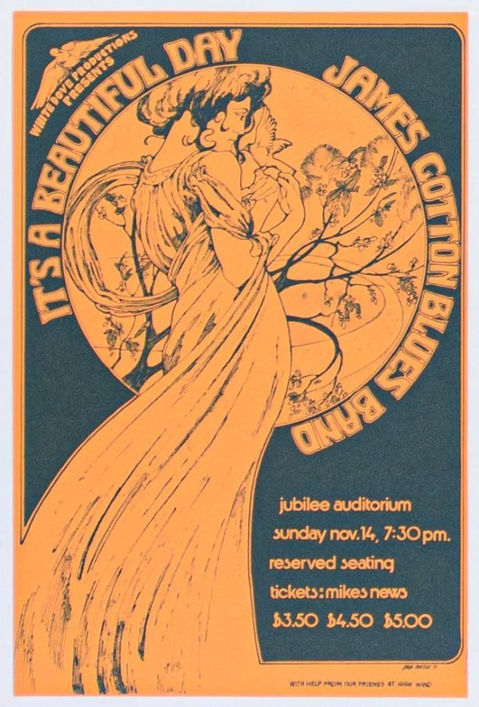 1971 It's A Beautiful Day James Cotton Blues Band Jubilee Auditorium Handbill Near Mint 85: This handbill was produced by artist Bob Masse to for It's A Beautiful Day and the James Cotton Blues Band at the Jubilee Auditorium in Edmonton, Canada on November 14th, 1971. Canadian poste