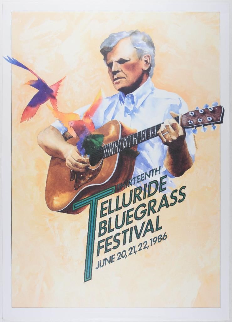 1986 Telluride Bluegrass Festival Colorado Poster Near Mint 81: This poster announced the 13th annual Telluride Bluegrass Festival, an annual event held in Telluride, Colorado. This 1986 lineup included John Hickman, Bela Fleck & Jerry Douglas, Ophelia Sw