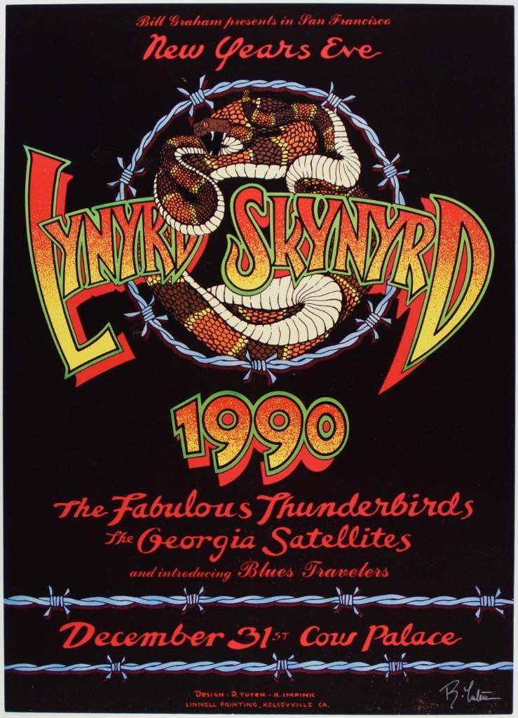 1990 Lynyrd Skynyrd The Fabulous Thunderbirds Cow Palace Signed Tuten Poster Near Mint 85 (1 of 1)
