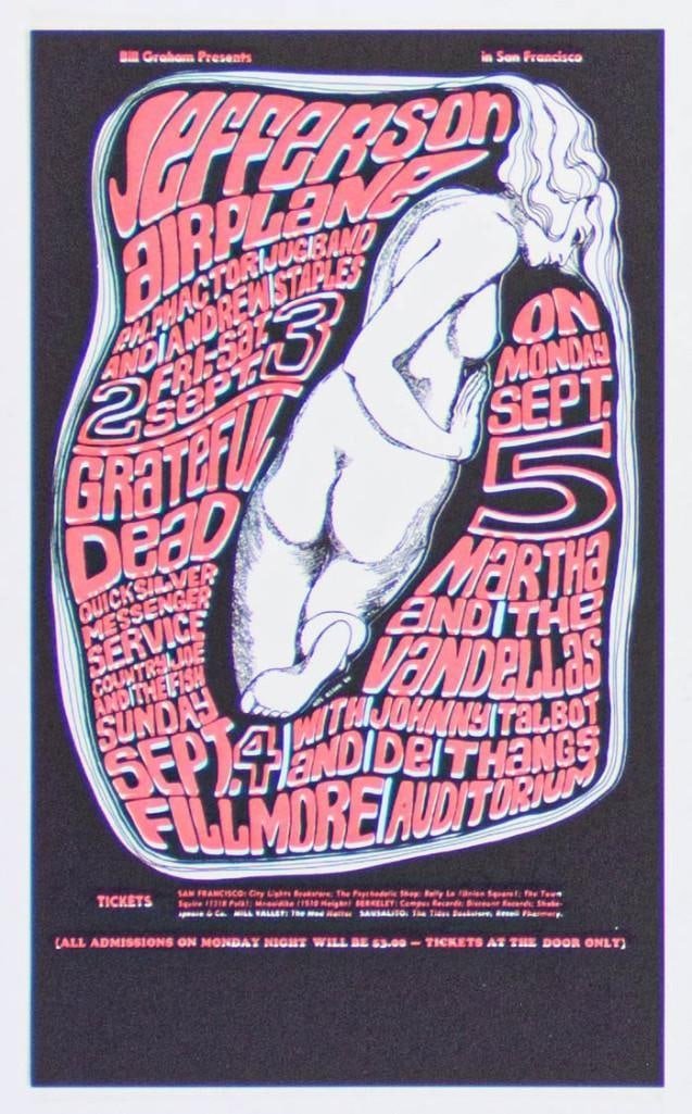 1966 BG-26 Jefferson Airplane Grateful Dead Fillmore Auditorium Handbill Near Mint 89: The BG-26 is yet another creative leap forward for the work of Wes Wilson. This original handbill represents the first time that the artist would incorporate a nude figure into his Fillmore poster art