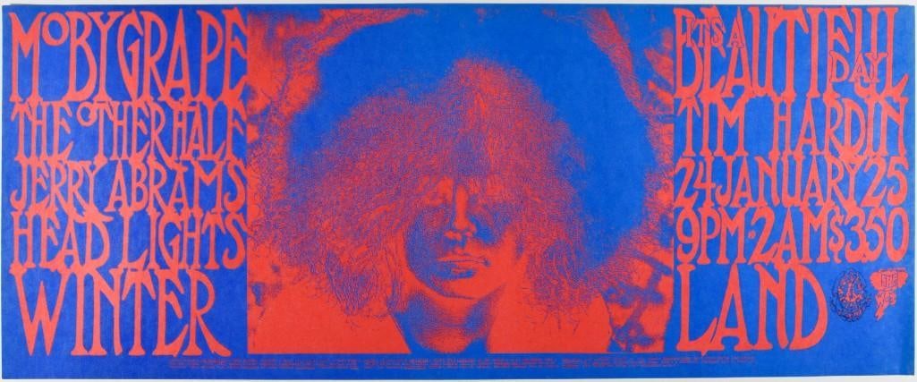 1969 FD-690124 Moby Grape It's a Beautiful Day Winterland Poster Near Mint 85: This seldom-seen Family Dog poster's bright colors and long horizontal format make it a memorable issue in the series. This image was designed by San Andreas Fault (Tad Hunter) and the early 1969 run