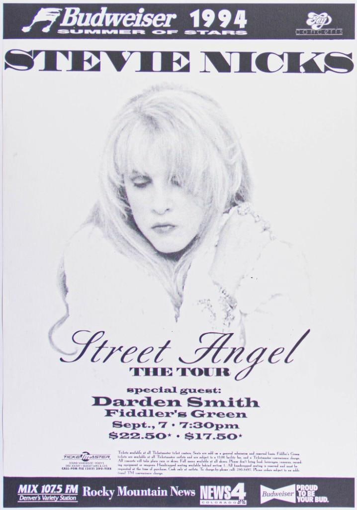 1994 Stevie Nicks Darden Smith Fiddler's Green Poster Near Mint 89: This poster was produced for Stevie Nicks and Darden Smith appearing at Fiddler's Green on September 7th 1994. Condition Details: Handling right edge --CRITICAL DETAILS-- --TITLE