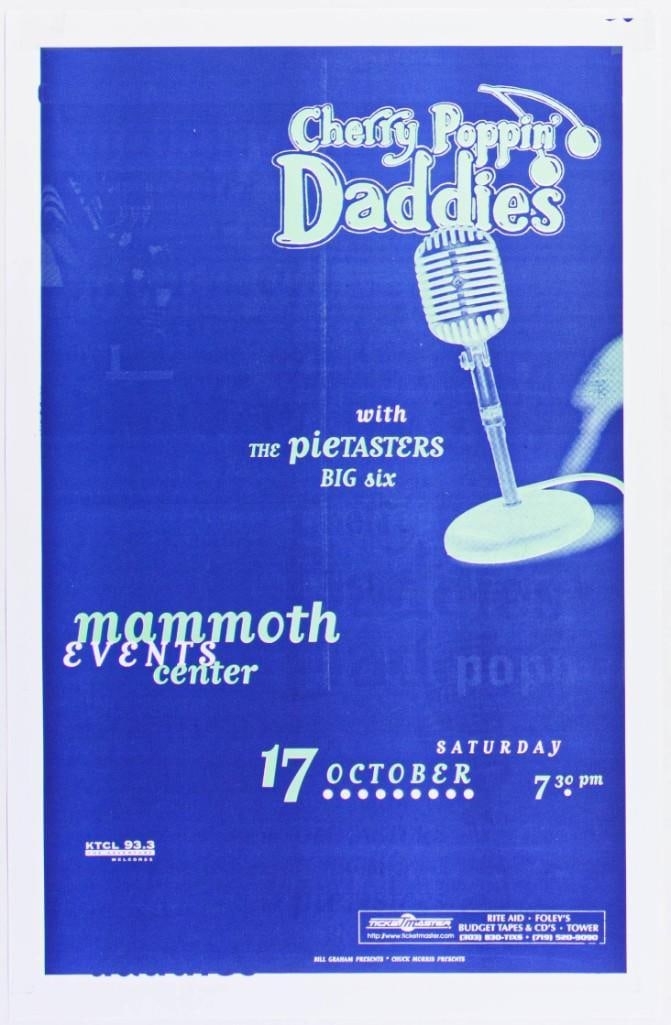 1992 Cherry Poppin' Daddies The Pietasters Big Six Mammoth Events Center Poster Near Mint 83: Original poster featuring Cherry Poppin' Daddies and The Pietasters appearing at the Big Six Mammoth Events Center in 1992. Condition Details: Tape, handling --CRITICAL DETAILS-- --