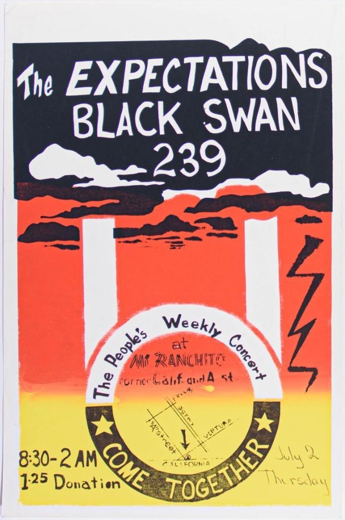 1970 The Expecations Black Swan 239 Mi Ranchito Poster Excellent 77: Screenprint poster for The Expecations and Black Swan appearing at 239 Mi Ranchito in 1970. Condition Details: Screenprint. Handling, corner bumps --CRITICAL DETAILS-- --TITLE