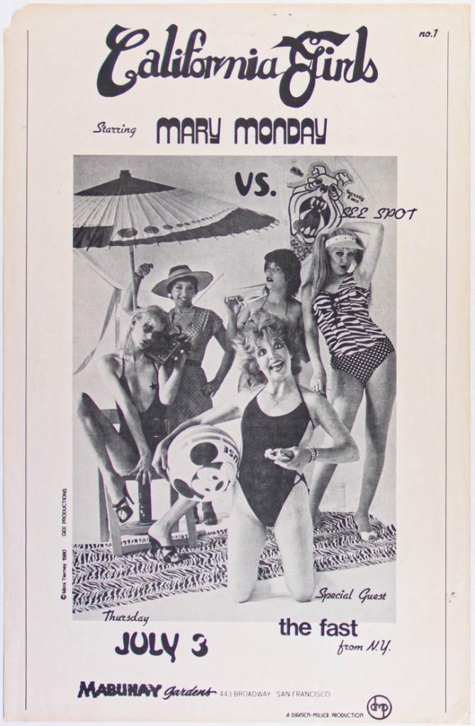 1980 California Girls The Fast Mabuhay Gardens Poster Extra Fine 67: 1980 poster for California Girls and The Fast at Mabuhay Gardens. Condition Details: Paper loss top left, handling, tape pulls and stains, crease bottom right corner. --CRITICAL DETAILS--