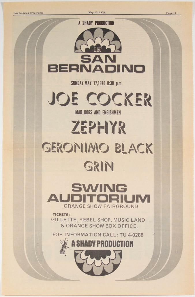 1970 Joe Cocker Swing Auditorium San Bernadino Newspaper Ad Near Mint 81 (1 of 2)