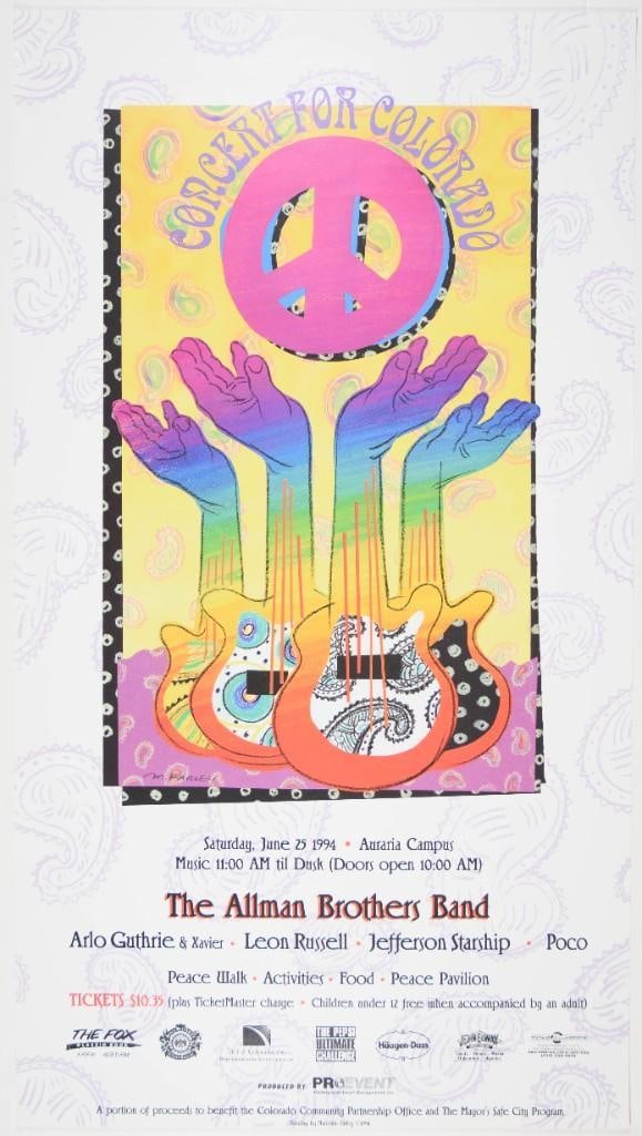 1994 Allman Brothers Band Leon Russell Jefferson Starship Auraria Campus Poster Near Mint 89 (1 of 1)