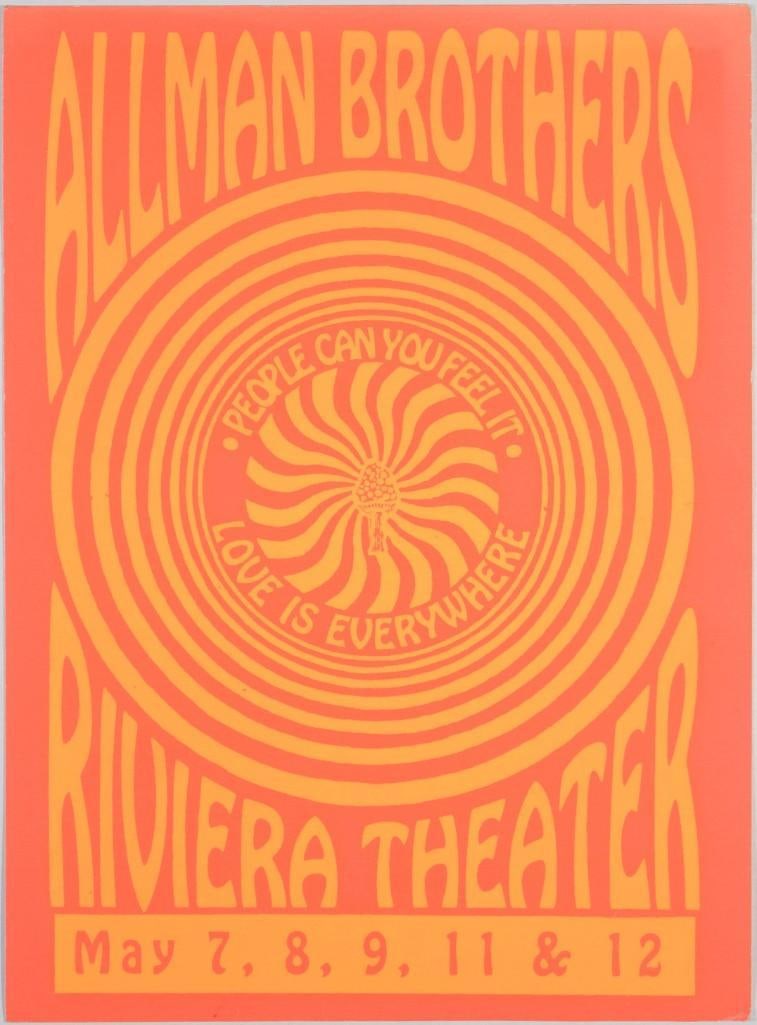 1996 Allman Brothers Riviera Theater Chicago Cardboard Window Card Excellent 79: This cardboard window card announced the Allman Brothers Band appearing at the Riviera Theater in Chicago for a 5-night run during May of 1996. This is the FIRST example of this window card to appear