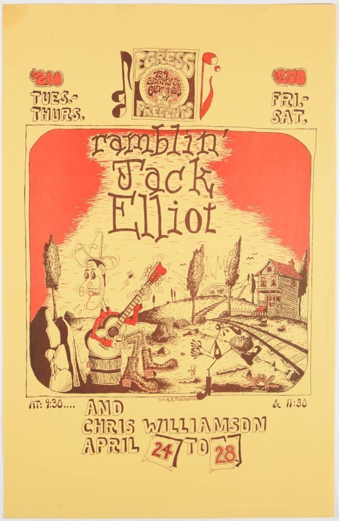 1973 Ramblin Jack Elliot The Egress Vancouver Poster Extra Fine 67: This great, comic book-style design promoted Ramlin' Jack Elliott and Chris Williamson at The Egress in Vancouver, BC, for five nights in April 1973. 100% original with no restoration! Condition