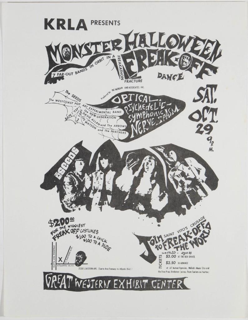 1966 The Seeds The Great Western Exhibit Center Handbill Near Mint 89: This is a rare 1966 concert handbill advertising the "Monster Halloween Freak-Off" event, promoted by LA radio station KRLA. Performers included The Seeds and The West Coast Pop-Art