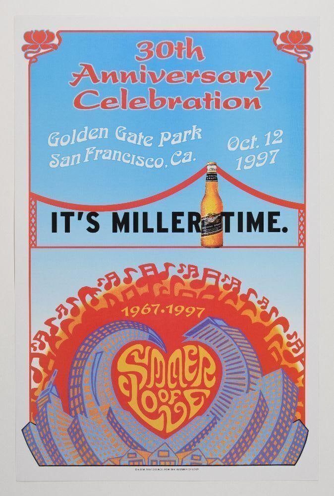 1997 Summer of Love 30th Anniversary Golden Gate Park Poster Near Mint 81: This poster from Miller Beer was produced for a 30th anniversary celebration of the Summer of Love held in 1997 in Golden Gate Park. Condition Details: Handling, stains --CRITICAL DETAILS--