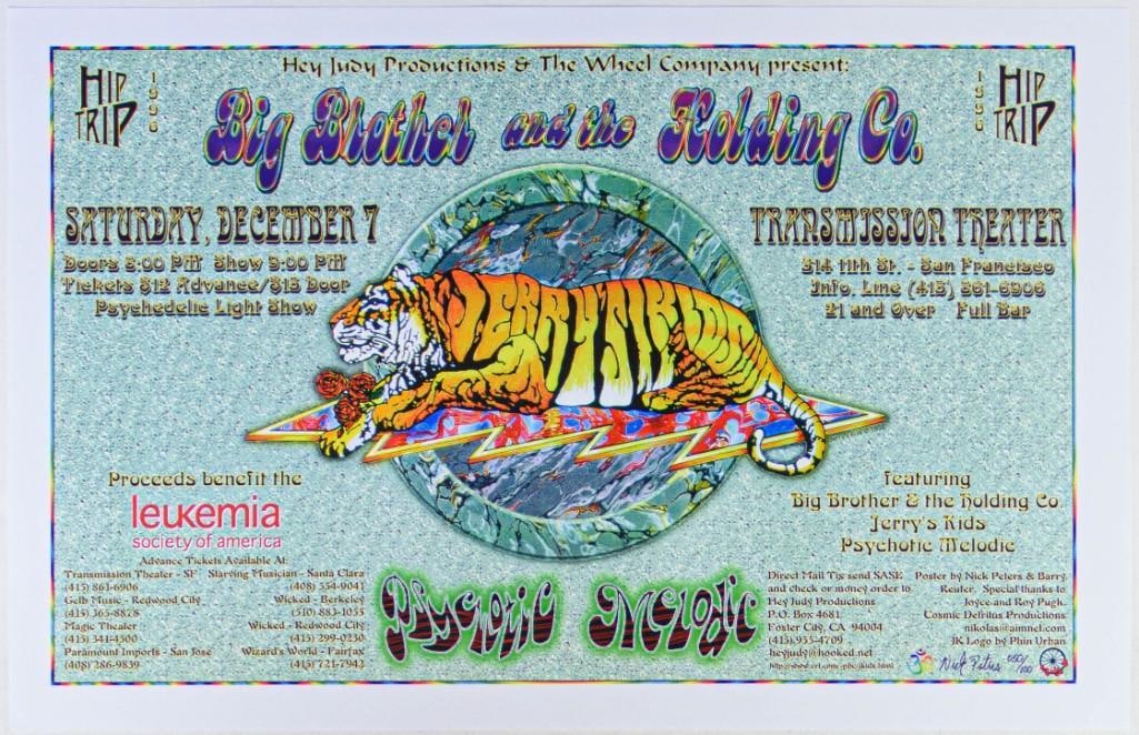 1996 Big Brother & The Holding Company Transmission Theater Signed Nick Peters Poster Near Mint 89: This poster is numbered 50/100 and signed by one of the artists, Nick Peters! This poster from December 1996 announced San Francisco mainstay Big Brother and the Holding Company performing a benefit