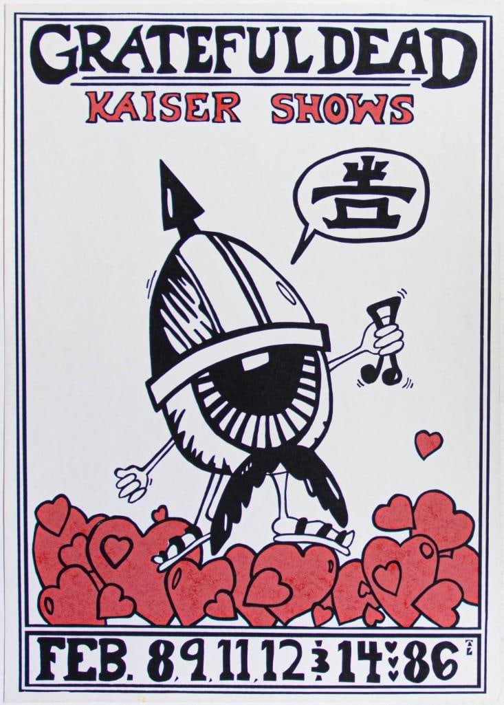 1986 Grateful Dead Kaiser Shows Fan Made Poster Near Mint 87: This fan-made poster was produced for the Grateful Dead's 1986 shows at the Henry J. Kaiser Convention Center in Oakland, California. Condition Details: Corner bumps, tiny tear top left edge --C