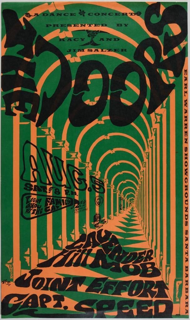 1967 AOR-3.38 The Doors Earl Warren Fairgrounds RP3 Poster Excellent 77: This is the First Official Post-Concert Second Printing of this popular Doors issue. The "RP-3" numbering code is slightly misleading, as this is technically the FIRST reprint and NOT the thir