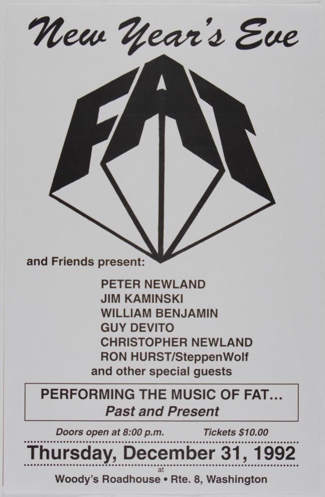 1992 Fat Peter Newland Jim Kaminski William Benjamin Woody's Roadhouse Poster Near Mint 87: This poster announced a New Year's Eve 1992 event at Woody's Roadhouse in Washington, Massachusetts. The show featured a slew of musicians, including Peter Newland, Jim Kaminski, William Benja