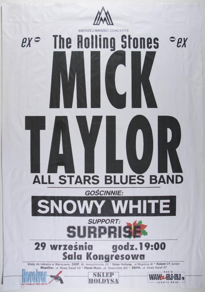 1997 Mick Taylor All Stars Blues Band Warsaw Poster Excellent 70: This poster announced the Mick Taylor All Stars Blues Band playing in Warsaw, Poland in September 1997. Condition Details: Waviness, creases. Restoration includes reinforcements on creases 