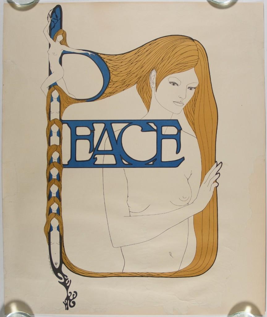 1967 Peace Loren Rehbock Headshop Poster Extra Fine 69 Restored: This is a vintage 1967 "Peace" headshop poster designed by artist Loren Rehbock. Condition Details: Restoration includes large amount of paper loss repaired, tears filled. Creases