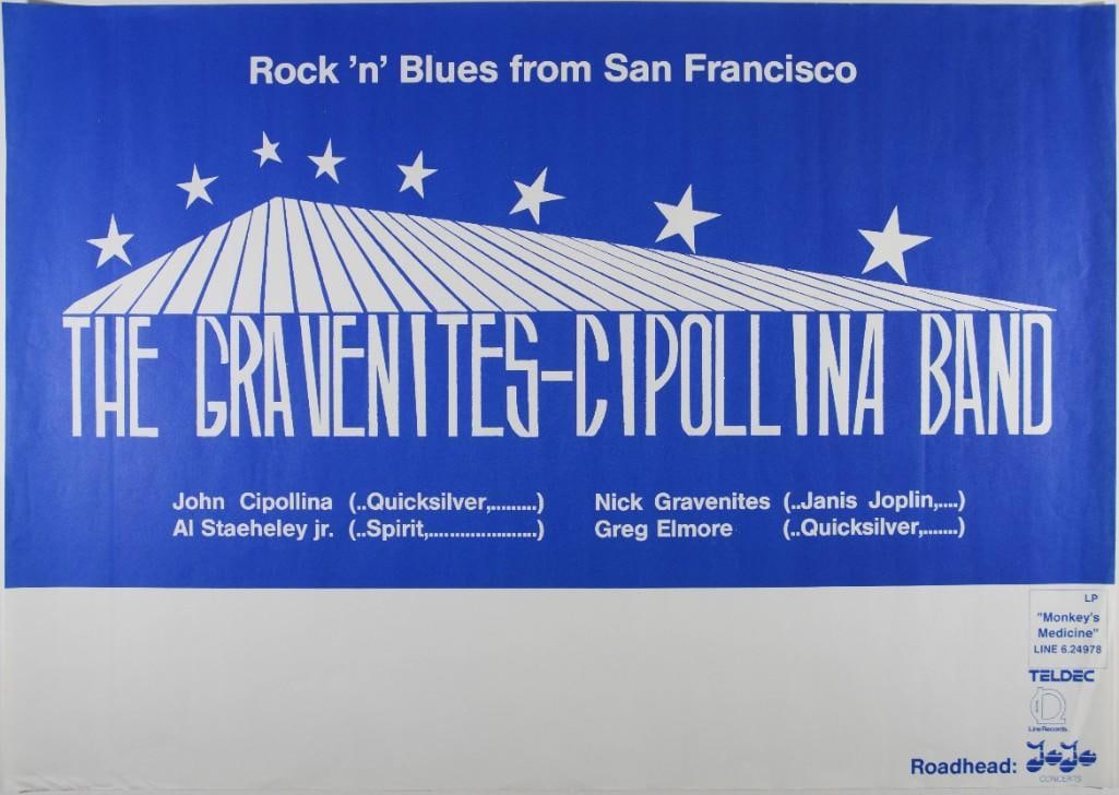 1982 The Gravenites-Cipollina Band Tour Blank Poster Near Mint 83: This tour-blank issue was produced for The Gravenites-Cipollina Band's 1982 tour. The band featured Nick Gravenites and John Cipollina. Condition Details: Tour blank. Handling --CRITI