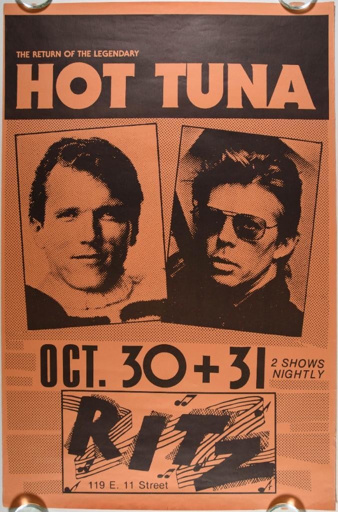 1983 Hot Tuna The Ritz NYC Poster Excellent 73: This poster announced "The Return of the Legendary Hot Tuna" playing a two-night, four-show Halloween 1983 run at The Ritz in New York City. The Country Blues/Rock phenomenon Hot Tuna has