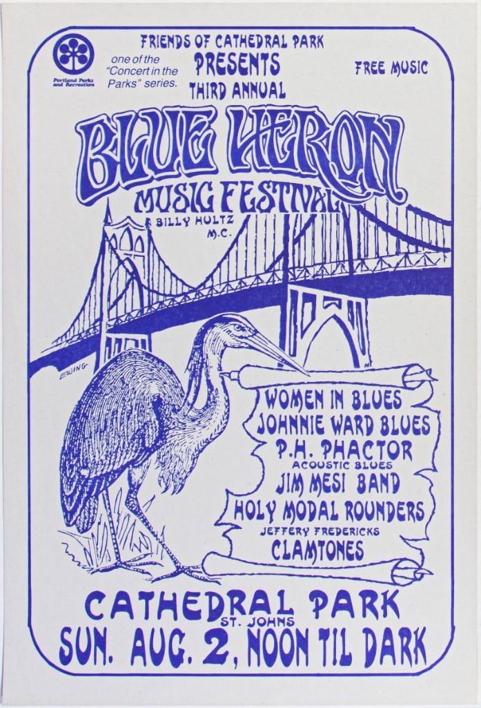 1970 Johnnie Ward Blues P.H. Phactor Cathedral Park Poster Near Mint 89: This poster was produced for the Third Annual Blue Heron Music Festival, held at Cathedral Park in Portland, Oregon. The musical lineup included Women in Blues, Johnnie Ward, P.H. Phactor, Jim Mesi