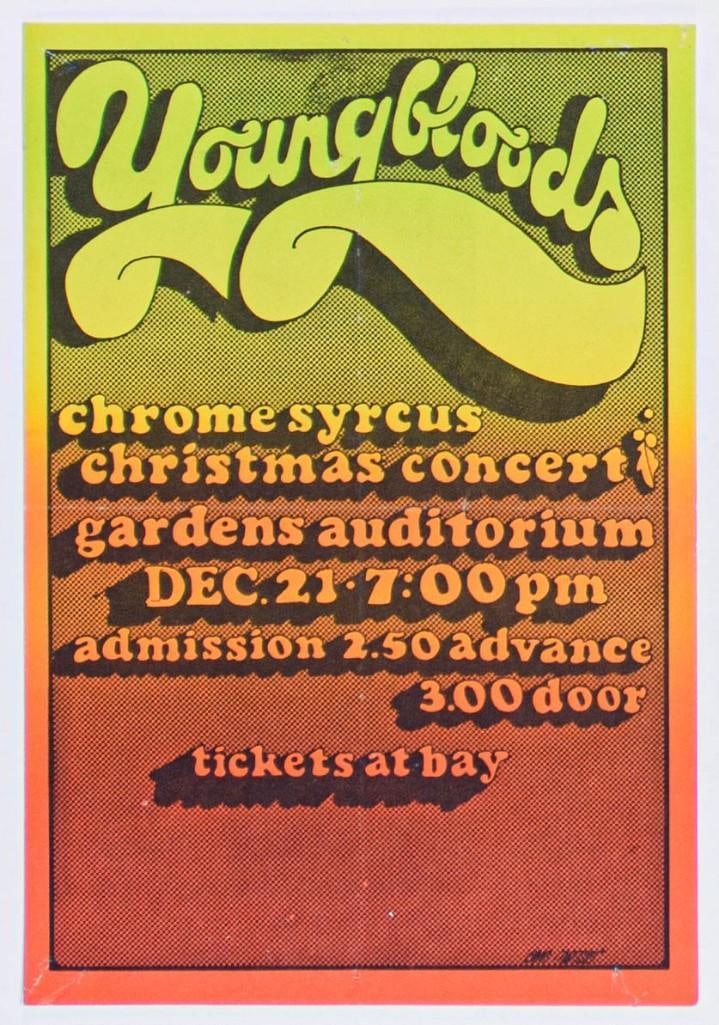 1969 Youngbloods Chrome Syrcus Gardens Auditorium Handbill Excellent 75: Canadian poster artist Bob Masse designed some of the most collectible and sought-after posters of all time. Masse is also one of rock's most seasoned and prolific poster artists. He is perhaps be